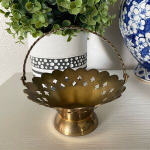Vintage Brass Scallop Basket with Hearts Cut Out Swing Rope Handle Made in India